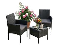 Garden Furniture Set Balcony Patio Rattan 3pc: 2 Armchairs, Glass Table Cushions