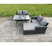 Fimous Garden Furniture Sets 4 Pieces Wicker Rattan Furniture Manual Wicker Patio Sofa Patio Conversation Set with Big Footstool Dark Grey Mixed