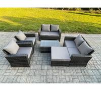 Fimous Garden Furniture Sets 6 Pieces Outdoor Rattan Furniture Manual Wicker Patio Sofa Chair Set with Coffee Table Big Footstool Dark Grey Mixed