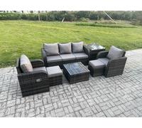 Fimous 7-Seater Rattan Garden Sofa Set - Dark Grey Mixed Wicker Patio Furniture with Reclining Chair & 2 Small Footstools