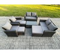 Fimous Garden Furniture Sets 8 Pieces Outdoor Rattan Furniture Manual Wicker Patio Sofa Chair Set with Coffee Table 3 Footstools Dark Grey Mixed