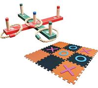 Garden Games Set Indoor or Outdoor Wooden Quoits Ring Toss Game & Giant Noughts and Crosses EVA Foam Mat