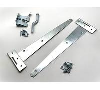 Garden Gate Hinge Pack. 2X 12 Tee Hinges, Auto Close Latch and All Fixings. Hanging Kit for Garden Gates, Sheds and Doors. Corrosion and Weather Resistant External Hinge Set.