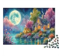 Garden Gazebo Cardboard Cottage by Lake at Night with Moon Premium Jigsaw Puzzle Boredom Buster Home Decor 70x50cm/1000pcs