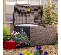 Garden Gear Storage Box - Durable, Rigid Double-Walled Design, Waterproof, Lockable, Hydraulic Pistons, Soft-Close Mechanism & Stylish Rattan-Effect Finish (276 Litre)