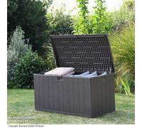 Garden Gear 492L Storage Box In Brown, Outdoor Deck Box, Weather Resistant, Hydraulic Soft-Close Lockable Lid, Wood-Effect Finish