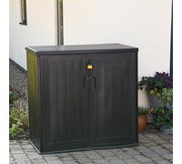 Garden Gear 775L Garden Storage Box - Durable Weather-Resistant Polypropylene and Steel, Lockable Front Doors, Hydraulic Gas Pistons, Black with Wood Effect Finish