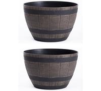 Garden Gear Curved Wooden Barrel Planter Rustic Oak Effect Weatherproof Plastic Outdoor Indoor Flower Pot 3 Sizes Medium Large XL (Small x2)