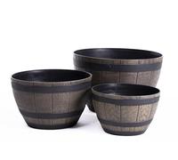 Garden Gear Curved Wooden Barrel Planter Rustic Oak Effect Weatherproof Plastic Outdoor Indoor Flower Pot 3 Sizes Medium Large XL (Set (1 of each size))
