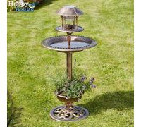 Garden Gear Happy Beaks Garden Bird Bath Feeding Station Hotel With Planter & Solar Light (Bronze)