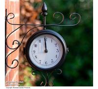 Garden Gear Sedgewick Double-Sided Station Clock Victorian Garden Wall Clock with Ornamental Finial Detailing Weatherproof Powder-Coated Steel Black 33cm