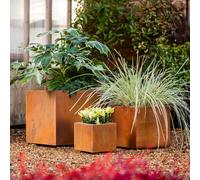 Garden Gear Set Of 3 Rust Effect Steel Box Planters Square Plant Pots Pre-Rusted Corten Style Metal With Drainage Holes