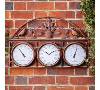 Garden Gear Wall Clock and Weather Station Copper Colour 3-in-1 Outdoor Clock Thermometer Hygrometer Floral Bird Design Weatherproof