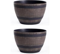 Garden Gear Curved Wooden Barrel Planter Rustic Oak Effect Weatherproof Plastic Outdoor Indoor Flower Pot 3 Sizes Medium Large XL (Small x2)