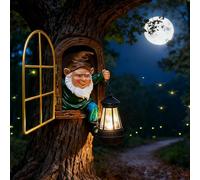 Garden Gnome Ornaments Outdoor Statue - Gnomes with Solar Lantern Lights, Waterproof Whimsical Elf Out The Door Tree Hugger Garden Statues, Fence, Patio, Housewarming Gardening Gift Tree Faces Gnomes