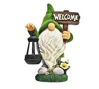 Garden Gnome Statue Outdoor Decor Large Flocked Resin Gnome Figurine with Solar Light Holding Lantern Welcome Sign Garden Yard Decorations Dwarf Sculpture for Outside Patio Porch Lawn Decor