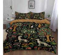Garden Greyhound Rabbit Printed Duvet Cover Set 3 Pieces, Soft Microfiber Quilt Cover with Zipper Closure and 2 Pillowcases, Black Green Botanical Floral Nature-Inspired Design, King Size