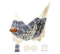 Garden Hammock with Tassels,2 Persons Indoor Hammocks with Portable Carry Bag Deluxe Macrame Fringe for Patio,Porch,Backyard,Beach,Outdoor and Inside Cotton Fabric, Up to 450Lbs (Blue-White)