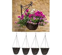 Garden Haven® 16" Garden Rattan Round Hanging Basket SET OF 4 Outdoor Hanging Planter Plants Wicker Hanging Basket with hanging chain Natural Weave Rustic 40cm diameter x 18cm deep with plastic liner