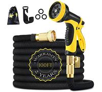Garden Hose 100ft 30m HmiL-U Strongest Double Latex Inner Tube Prevent Leaking Magic Garden Hosepipe with 9Function Spray Gun+Solid Brass Fittings (Retracted Length 33ft)【2 YEAR 100%Guaranteed】(100ft)