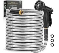 Garden Hose 50 FT, Metal Stainless Steel Water Hose with 10 Function Nozzles, No Kinks, Flexible Hose, Lightweight, Puncture Proof, Heavy Duty Hose for Yard and Outdoor