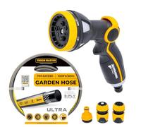 TOUGH MASTER 30m/100ft Heavy Duty Garden Hose 3 Layer Flexible Reinforced Hose Pipe for Garden Pressure Washer with Multi-Purpose Hose Spray Gun 8 Pattern Nozzle with Connectors Fitted Thumb Control