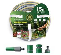 Garden Hose Pipe, 12.5mm x 15m Starter Set, Including 2 in 1 Faucet Tap Adapter, Hose End Quick Connector and Spay Gun, Re-Enforced PVC Layering, Hard-Wearing Hosepipe for Outdoor Garden