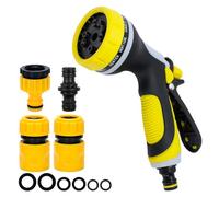 Garden Hose Pipe Spray Gun Watering Set, Hose Nozzle Fitting Connectors | durable TPR+ABS material,Snap on water valve,with hose connectors set,10 different watering patterns, hand held press nozzle