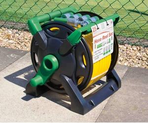 Garden Hose Reel Set with 25M Hose with Adjustable Spray Nozzle and 5 Connectors. 2-in-1 as Free Standing or can be Wall Mounted. (X7082) UK Made Free UK Postage