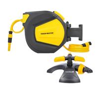 Garden Hose Reel Wall Mounted, 20m Automatic Retractable Tough Master UV Resistant Lightweight Plastic Bracket Reel with Carry Handle, for Car Wash, Outdoor Garden Use (with 3 Arm Sprinkler)