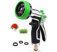 Garden Hose Spray Gun: Heavy Duty Metal Nozzle with Solid Brass Fittings for Leak-Proof Seal - 10 Patterns & Thumb Control for Continuous, Fatigue-Free Watering of 100+ Potted Plants & Lawns Green