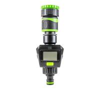 Garden Hose Water Flow Meter Digital - Water Usage Monitor LCD L/min G/min - 3/4 and 1 Inch BSP Tap Inlet Reducer - Push Fit Hose Connector - CR2032 - Black Green