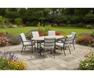 Garden Impressions Edison Natural - Six Seater Oval Dining Suite with Sergio Chairs - Sand Cushions - Edison 220cm Dining Table with 6 x Sergio Sand Dining Chairs
