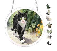 Garden Kitten Painting 7.8x7.8Inch Round Acrylic Jigsaw Puzzle Suncatcher, Crystal Window Decor Wall Art Ornament, Home Decoration Gift