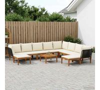 Garden Lounge Set 11pc Black Rope Cream Cushions Solid Acacia 60x70x65cm Modular