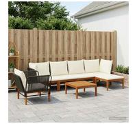 Garden Lounge Set Black & Cream White Solid Acacia Wood Rope 6-Seater 60x70x65cm