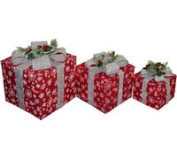 Garden Market Place Set Of 3 Light Up Christmas Red Sisal Parcels With Silver Bow - With Battery Powered Led Lights