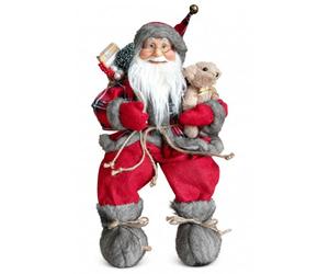 Garden Marketplace Sitting Rustic Santa Claus with Teddy Bear - 45cm Tall | Solid Father Christmas Figure with Fabric Clothing and Sack of Presents - Indoor Christmas Display - Rustic Santa Style