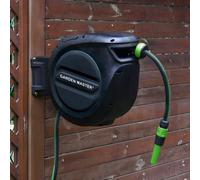 GARDEN MASTER Retractable Auto Reel Wall Mounted Hose | Easy to Install | Auto-Rewind | Spray Nozzle | 2m Wall Mounted | 180° Swivel Bracket | Any Length Lock | Black & Green (30m)