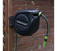 GARDEN MASTER Retractable Auto Reel Wall Mounted Hose | Easy to Install | Auto-Rewind | Spray Nozzle | 2m Wall Mounted | 180° Swivel Bracket | Any Length Lock | Black & Green (30m)