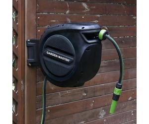 GARDEN MASTER Retractable Auto Reel Wall Mounted Hose | Easy to Install | Auto-Rewind | Spray Nozzle | 2m Wall Mounted | 180° Swivel Bracket | Any Length Lock | Black & Green (30m)