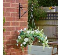 Garden Mile 12'' Artificial Flower Hanging Basket Garden Planter with Rattan Basket Fake Flowers White Roses Hanging Plant Pot Outdoor Decoration Large Wicker Basket with Fake Flowers