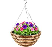 Garden Mile® Garden Hanging Flower Basket 12'' Round Rattan Plant Holder Outdoor Plant Pot Planter with Hanging Chain Wicker Flower Pot Basket Balcony Decoration