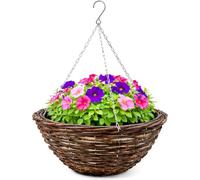 Garden Mile® Garden Hanging Flower Basket 14'' Round Rattan Plant Holder Outdoor Plant Pot Planter with Hanging Chain Wicker Flower Pot Basket Balcony Decoration