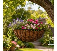 Garden Mile® Garden Hanging Flower Basket 16'' Round Metal Plant Holder Outdoor Plant Pot Planter with Hanging Chain Flower Pot Basket Balcony Decoration Metal Wire Planter
