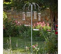 Garden Mile 2.4m Extra Large 4 Arm 8Ft Bird Feeder Hanging Station Includes 4 x Metal Feeders For Seeds, Peanuts, Suet Balls, Suet Cakes Bird Feeder Seed Tray, Water Bath Sage Green