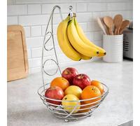 Garden Mile® 2 in 1 Kitchen Storage Fruit Bowl & Banana Hanger Chrome Metal Finish Modern Fruit Basket Durable Keeps Fruit Fresh Curved Arm Centre Piece for Your Kitchen
