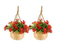 Garden Mile® 2pc Artificial Red Blossom Basket Bouquet Hanging Flower Basket Indoor Outdoor Wicker Straw Baskets for Home and Garden (2, RED)