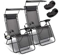 Garden Mile 2x Sun Lounger Zero Gravity Chair with Canopy and Drinks Holder, Adjustable Headrest Pillow | Deck Folding Recliner Zero Gravity Outdoor Chair - Black Premium