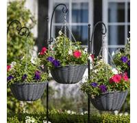 Garden Mile 3 Pack Slate Rattan Hanging Basket Outdoor - 14" Durable Basket For Garden Decorations, Patio Hanging Flower Planters - Weatherproof Garden Planter